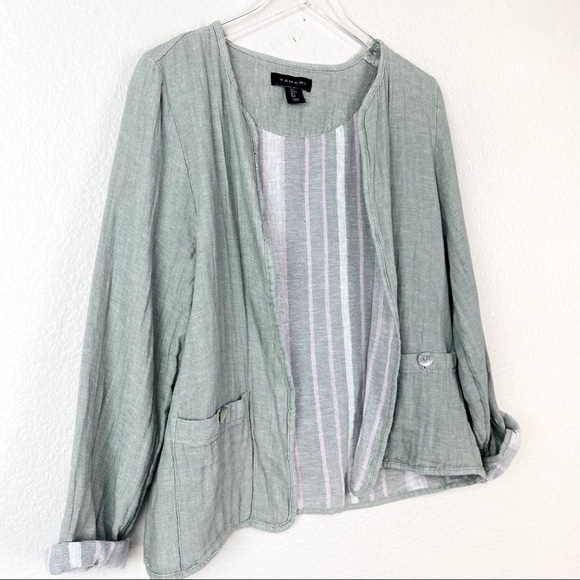Tahari Linen Blend Striped Lined Open Front Jacket Size L - Picture 1 of 6